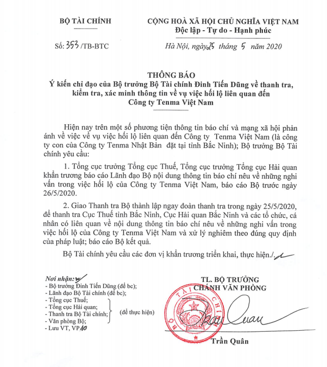 Lập đoàn thanh tra làm rõ nghi vấn hối lộ liên quan Công ty Tenma Việt Nam - Ảnh 1.