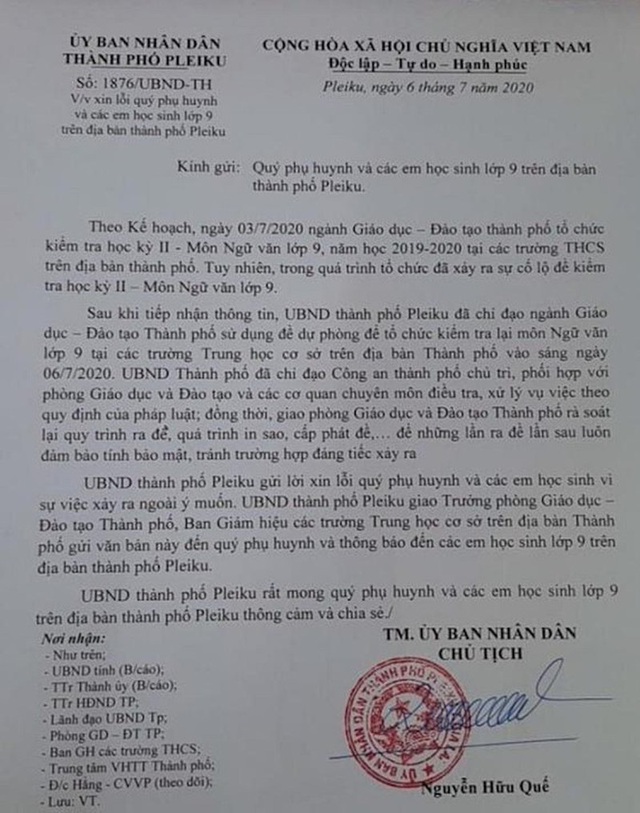 Chủ tịch TP Pleiku xin lỗi học sinh, phụ huynh vụ lộ đề thi - Ảnh 1.