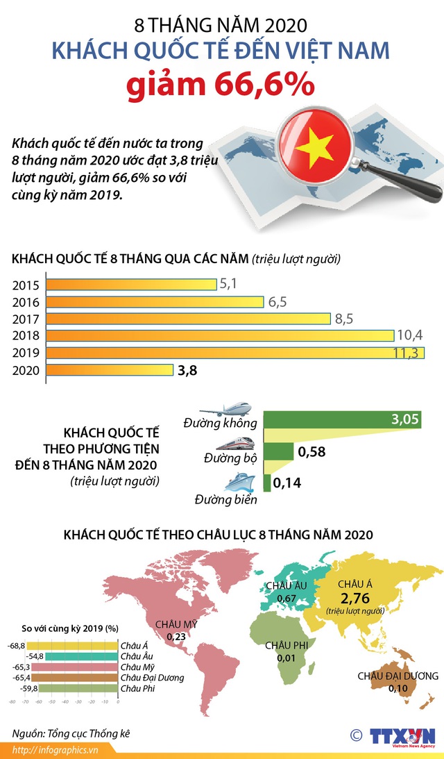 [INFOGRAPHIC] 8 tháng năm 2020, khách quốc tế đến Việt Nam giảm 66,6% - Ảnh 1.