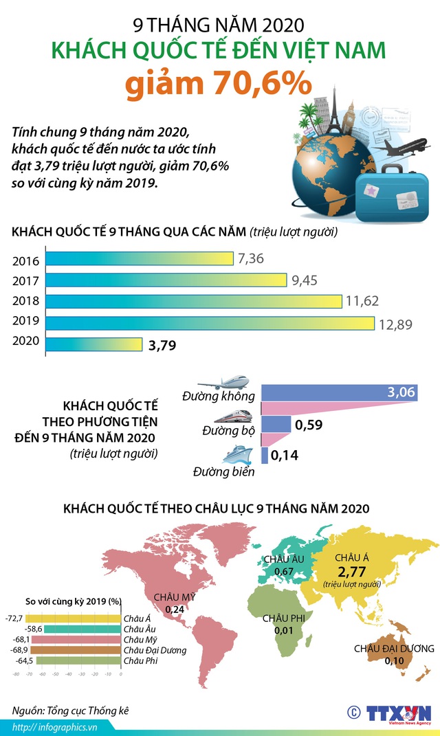 9 tháng năm 2020, khách quốc tế đến Việt Nam giảm 70% - Ảnh 1.