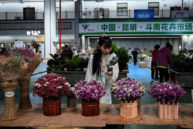 Livestream bán hàng sôi động tại chợ hoa Trung Quốc - Ảnh 1.