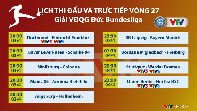 Lịch thi đấu và trực tiếp vòng 27 Bundesliga: Tâm điểm Dortmund – Frankfurt, Stuttgart – Bremen, RB Leipzig – Bayern Munich - Ảnh 1.