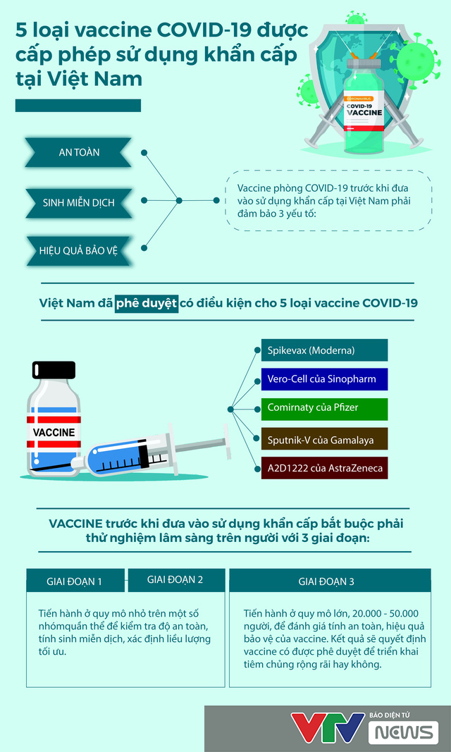 [Infographic] 5 loại vaccine COVID-19 được cấp phép sử dụng khẩn cấp tại Việt Nam - Ảnh 1.