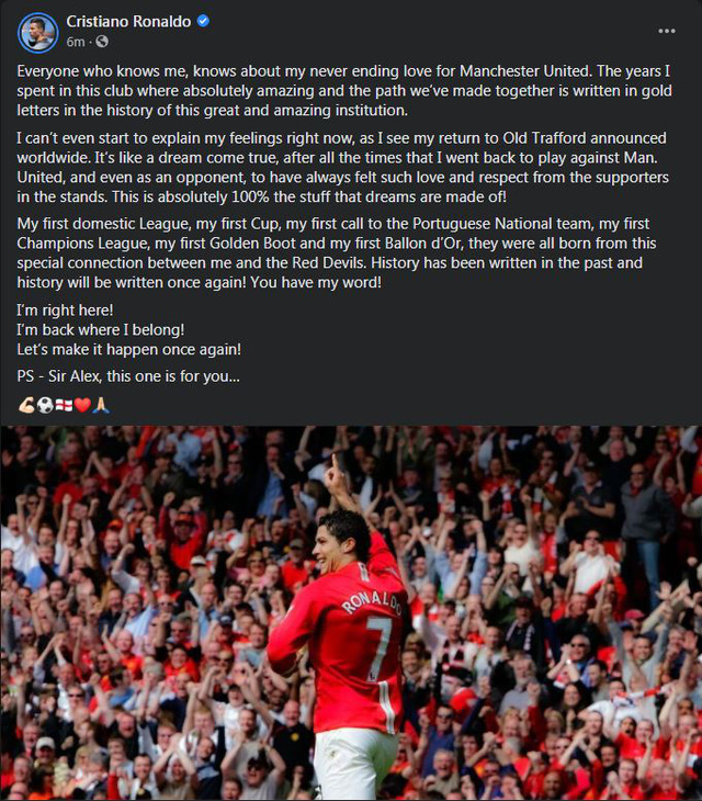 Ronaldo viết tâm thư gửi Sir Alex Ferguson - Ảnh 1.