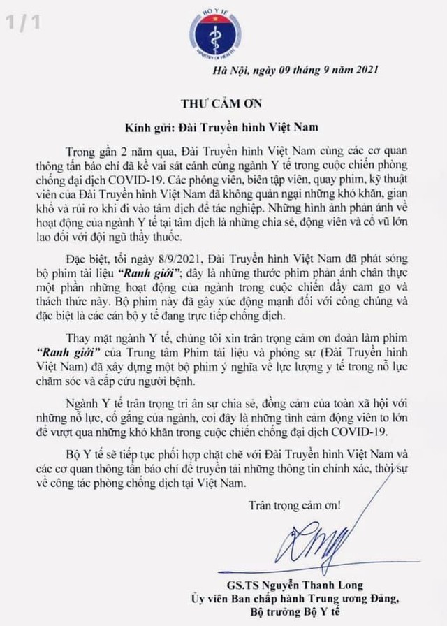 Bộ trưởng Bộ Y tế gửi thư cảm ơn Đài Truyền hình Việt Nam với phim VTV Đặc biệt: Ranh giới - Ảnh 2.