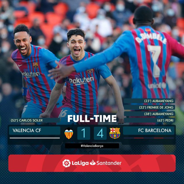 Valencia 1-4 Barcelona | Aubameyang lập hat-trick ấn tượng - Ảnh 1.