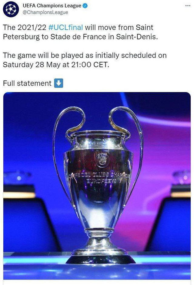 UEFA đổi địa điểm đá chung kết Champions League 2021/22 - Ảnh 1.