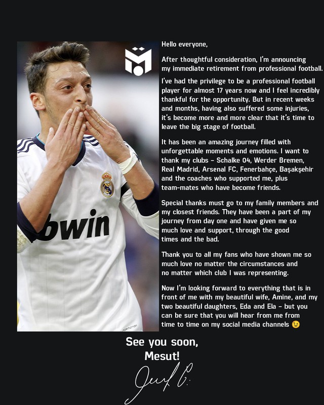 Mesut Ozil tuyên bố từ giã sự nghiệp cầu thủ - Ảnh 1.
