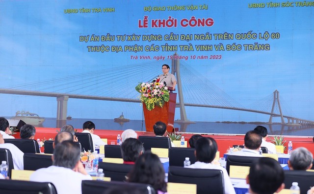 Thủ tướng Phạm Minh Chính phát lệnh khởi công cầu Đại Ngãi nối Trà Vinh - Sóc Trăng - Ảnh 1.