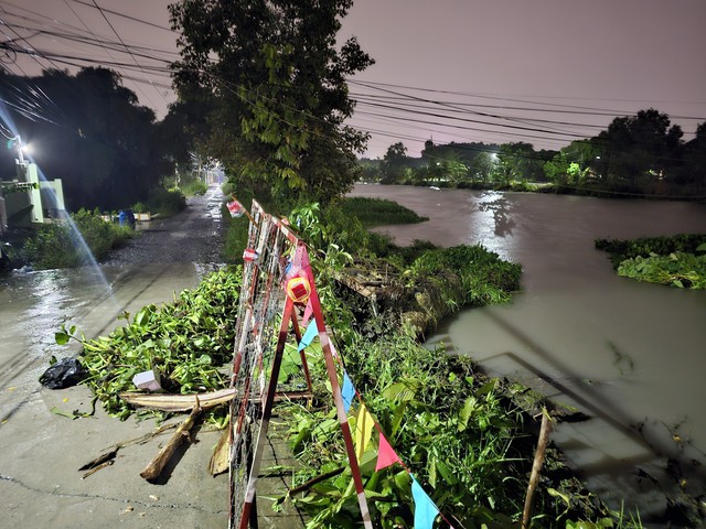 Bình Dương: Hai cây cầu dân sinh bị cuốn trôi, người dân chèo xuồng ở khu vực ngập nặng - Ảnh 1.