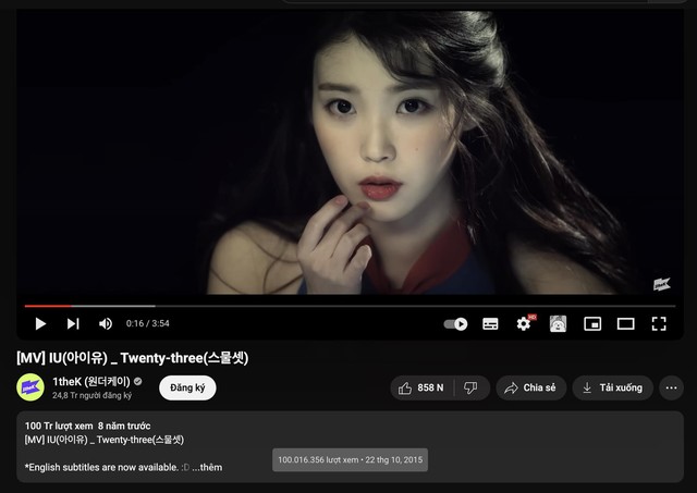 IU - nữ nghệ sĩ solo K-Pop đầu tiên có 9 MV đạt 100 triệu lượt xem - Ảnh 1.