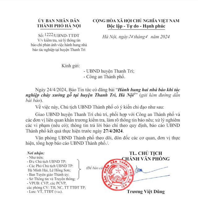 Chủ tịch UBND TP Hà Nội chỉ đạo làm rõ vụ hành hung 2 phóng viên tại Thanh Trì - Ảnh 1.