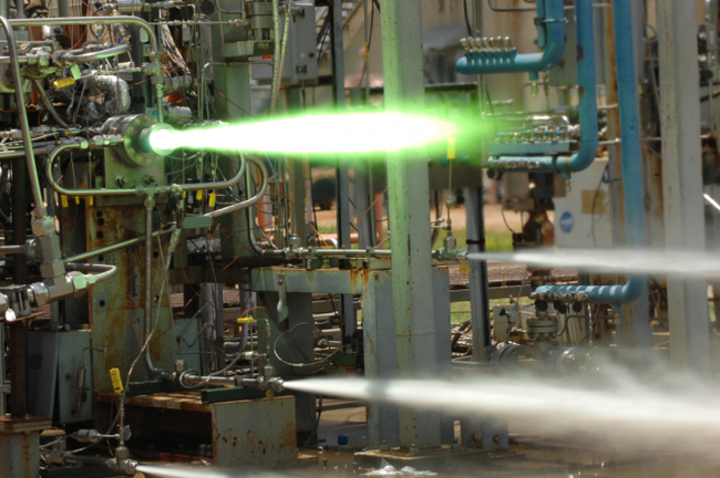 One of the first tests of a 3D-printed rocket injector