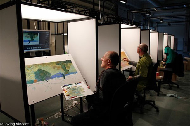 Artists work in the studio to make the film Loving Vincent (Photo courtesy of MVP Pictures)