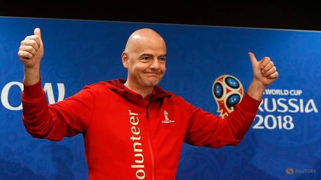 FIFA President Gianni Infantino greets the audience as he attends a news conference at the Luzhniki Stadium in Moscow, Russia July 13, 2018. (Reuters)