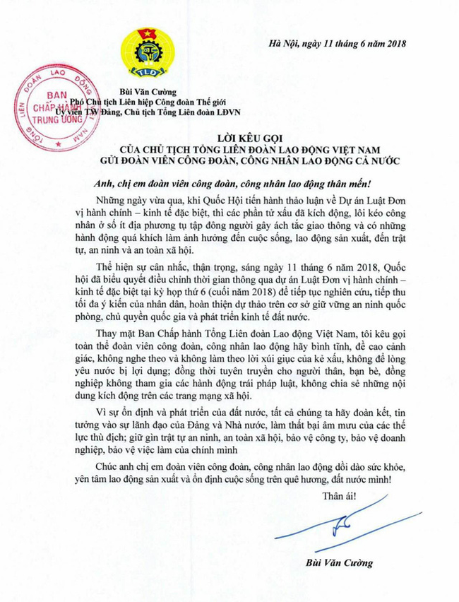 President of the Vietnam General Confederation of Labour Bui Van Cuong calls on all workers to stay calm and vigilant over manipulation of extremists in his letter on June 11. (Photo: VNA)