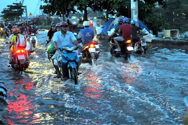 People struggle to drive in a section of Ben Phu Dinh street, flooded by tides in HCM City early October (Photo: VNA)