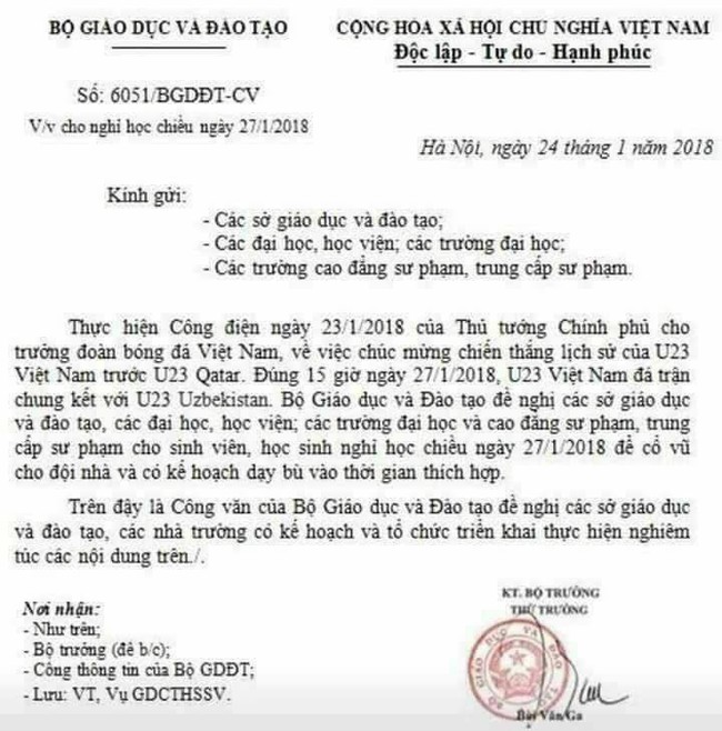 Kết quả hình ảnh cho Công văn Bộ GD&ĐT cho học sinh nghỉ chiều 27/1 cổ vũ U23 Việt Nam