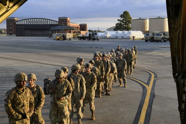 Soldiers from the 541st Sapper Company prepare to board an Air Force C-130J Super Hercules Oct. 30, 2018, at Ft. Knox, Kentucky. (US Air Force photo by Airman First Class Daniel A. Hernandez)