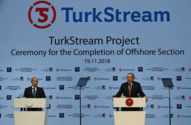 Russian President Vladimir Putin, left, and Turkey's President Recep Tayyip Erdogan, attend an event marking the completion of the offshore part of TurkStream natural gas pipeline that will carry natural gas from Russia to Turkey, in Istanbul, Monday, Nov. 19, 2018. (Photo: Lefteris Pitarakis/AP)