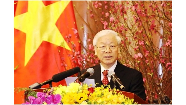 Party General Secretary Nguyen Phu Trong speaks at the get-together. (Photo: VNA)