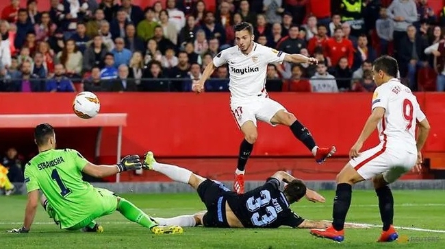 Sevilla's Pablo Sarabia scores their second goal. (Reuters)