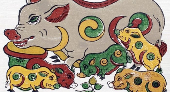 A Dong Ho folk painting entitled “Pigs”. The pig symbolizes wealth and prosperity.