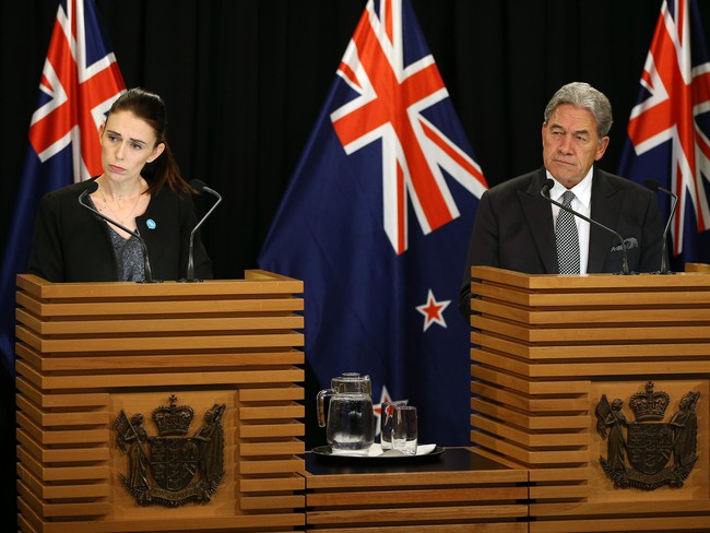 Prime Minister Jacinda Ardern and Deputy Prime Minister Winston Peters speak to media during a press conference at Parliament on Monday.
HAGEN HOPKINS / GETTY IMAGES