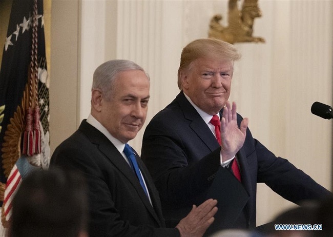 US President Donald Trump (L) and Israeli Prime Minister Benjamin Netanyahu attend a joint press conference in the White House in Washington D.C., the United States, on January 28, 2020. (Photo: Xinhua