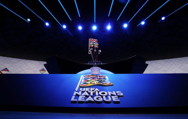 The UEFA Nations League trophy on display before the draw. (Reuters)