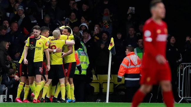 Soccer Football - Premier League - Watford v Liverpool - Vicarage Road, Watford, Britain - February 29, 2020 Watford's Troy Deeney celebrates scoring their third goal with teammates. (Photo: Action Images via Reuters)