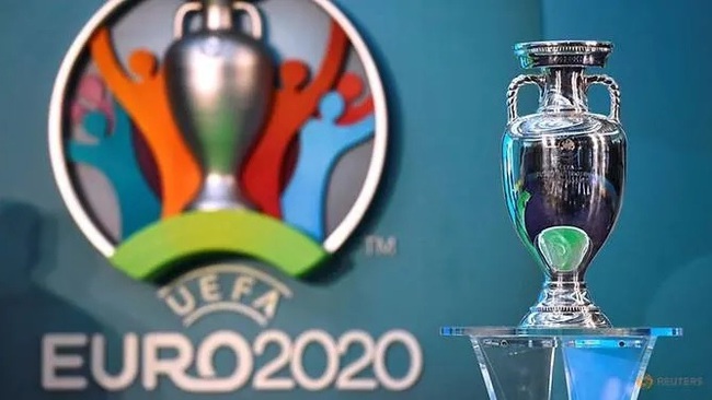 The UEFA Euro 2020 logo on display with the European Championship trophy. (Reuters)