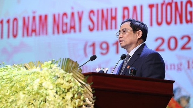 Prime Minister Pham Minh Chinh at the event to mark General Vo Nguyen Giap's 110th birth anniversary (Photo: VNA)