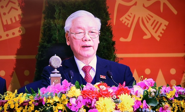 Party General Secretary and State President Nguyen Phu Trong delivers a speech at the closing ceremony of the 13th National Party Congress in Hanoi on February 1.