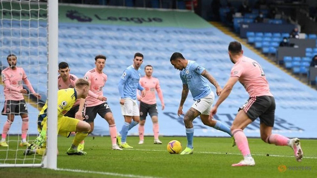Manchester City's Gabriel Jesus scores their first goal. (Reuters)