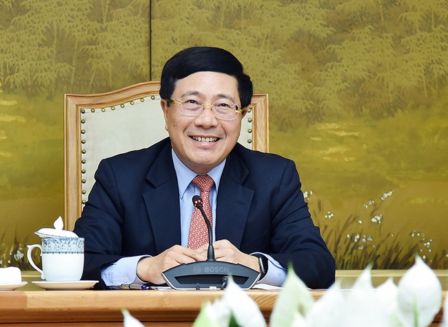 Deputy Prime Minister and Minister of Foreign Affairs Pham Binh Minh during the online talks. (Photo: VGP)