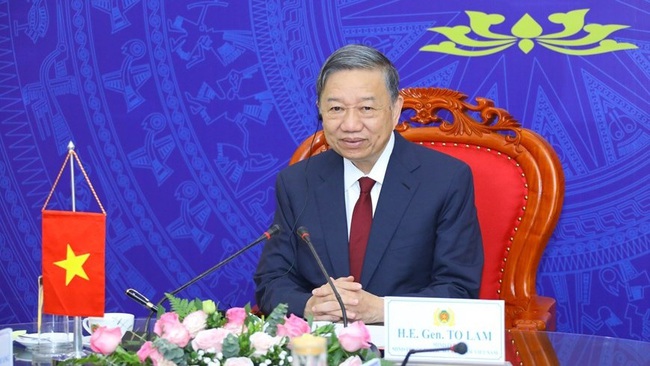 Vietnam's Minister of Public Security To Lam at the virtual meeting (Photo: VNA)