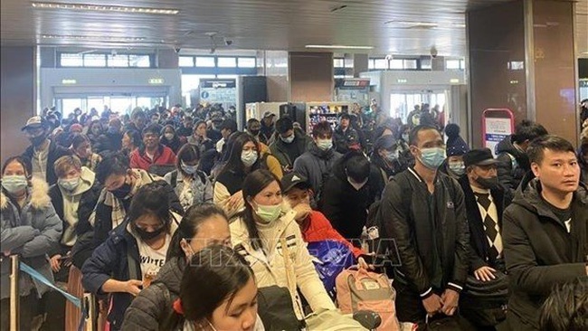 Vietnamese citizens line up for exit procedures at the airport in Bucharest, Romania. (Photo: VNA)