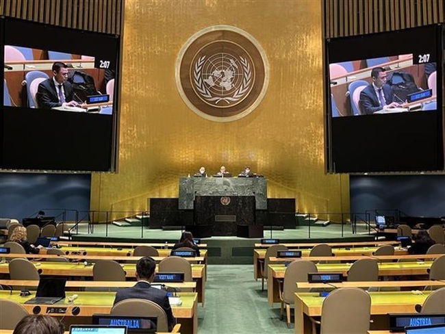 Ambassador Dang Hoang Giang, Permanent Representative of Vietnam to the UN, speaks at the UN General Assembly meeting on protecting the planet (Photo: VNA)