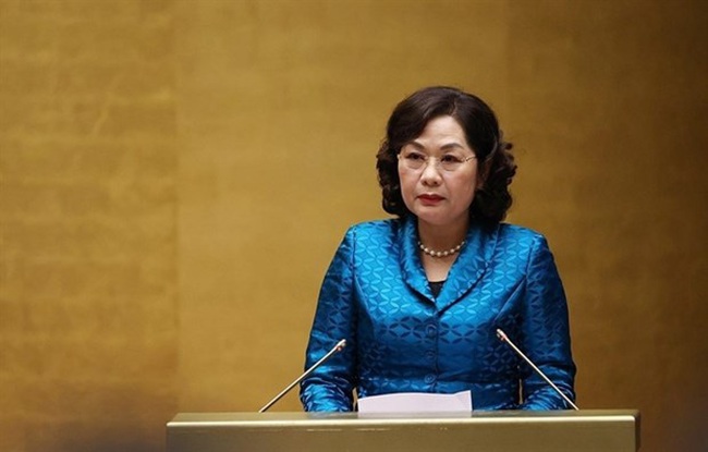 Nguyen Thi Hong, Governor of the State Bank of Vietnam, delivered a report to the National Assembly during a meeting in Hanoi on May 24. (Photo: VNA)