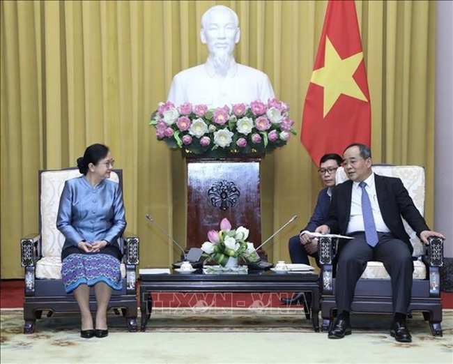 Chairman of the Presidential Office of Vietnam Le Khanh Hai (right) meets with Minister, Chairwoman of the Lao Presidential Office Khemani Pholsena. (Photo: VNA)