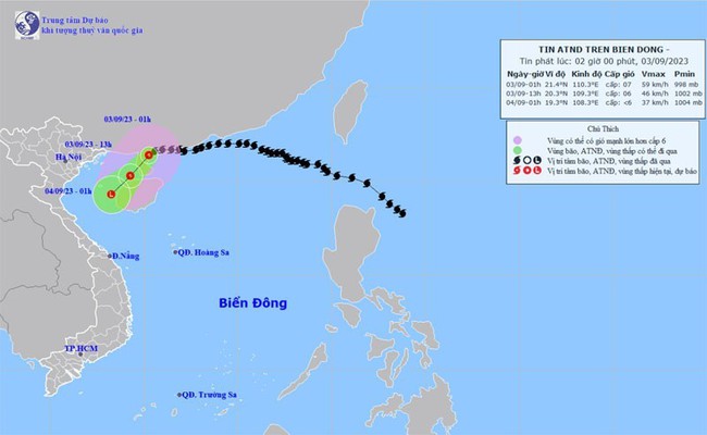The projected path of the tropical depression (weakened from typhoon Saola). (Photo: nchmf.gov.vn)