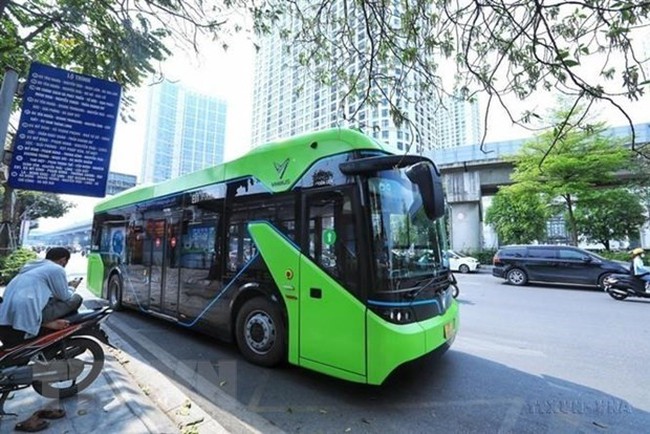 Many electric buses have been put into use in Hanoi to help carry out the transport sector's action plan on green energy transition. (Photo: VNA)