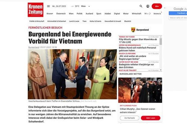 An article about President Vo Van Thuong's visit on Kronen Zeitung newspaper. (Photo: VNA)