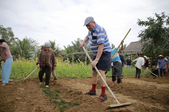 A French tourist tries preparing soil for vegetable cultivation in Tra Que village. (Photo: sggp.org.vn)