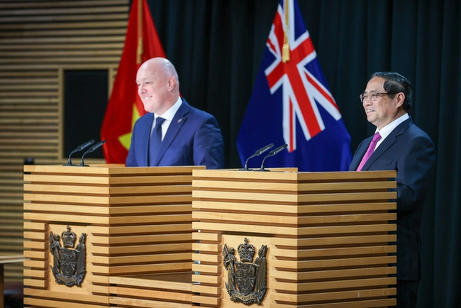 The joint press briefing between Vietnamese Prime Minister Pham Minh Chinh and his New Zealander Prime Minister Christopher Luxon counterpart, Wellington, March 11, 2024 - Photo: VGP/Nhat Bac