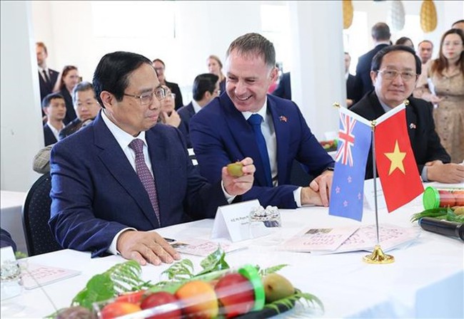 Prime Minister Pham Minh Chinh (left) examines products of the Plan and Food Research Centre of New Zealand (Photo: VNA)