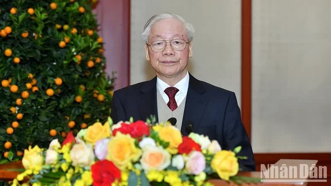 Party General Secretary Nguyen Phu Trong speaks at the meeting in Hanoi on February 7. (Photo: NDO)