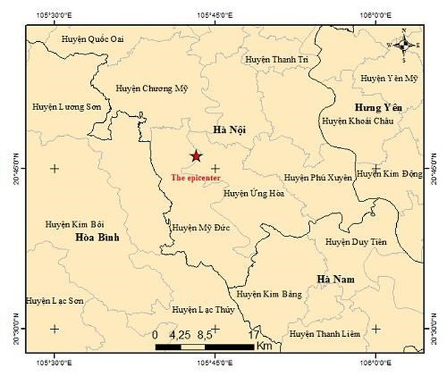 The location of the earthquake's epicentre in My Duc district, Hanoi, on March 25 morning (Photo: igp-vast.vn)