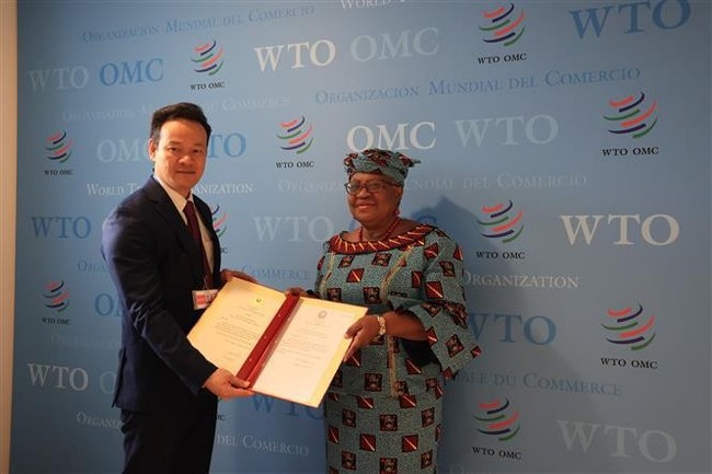 Ambassador Mai Phan Dung (L) presents the Vietnamese State President’s credentials to WTO Director-General Ngozi Okonjo-Iweala. (Photo: VNA)